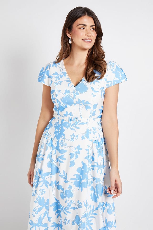Wallis Wallis Women's Floral Ottoman Twill Belted Midi Dress in Blue - 2