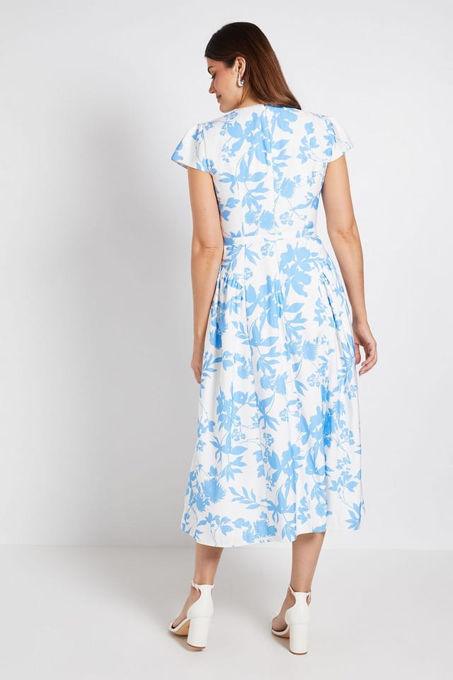 Wallis Wallis Women's Floral Ottoman Twill Belted Midi Dress in Blue - 3