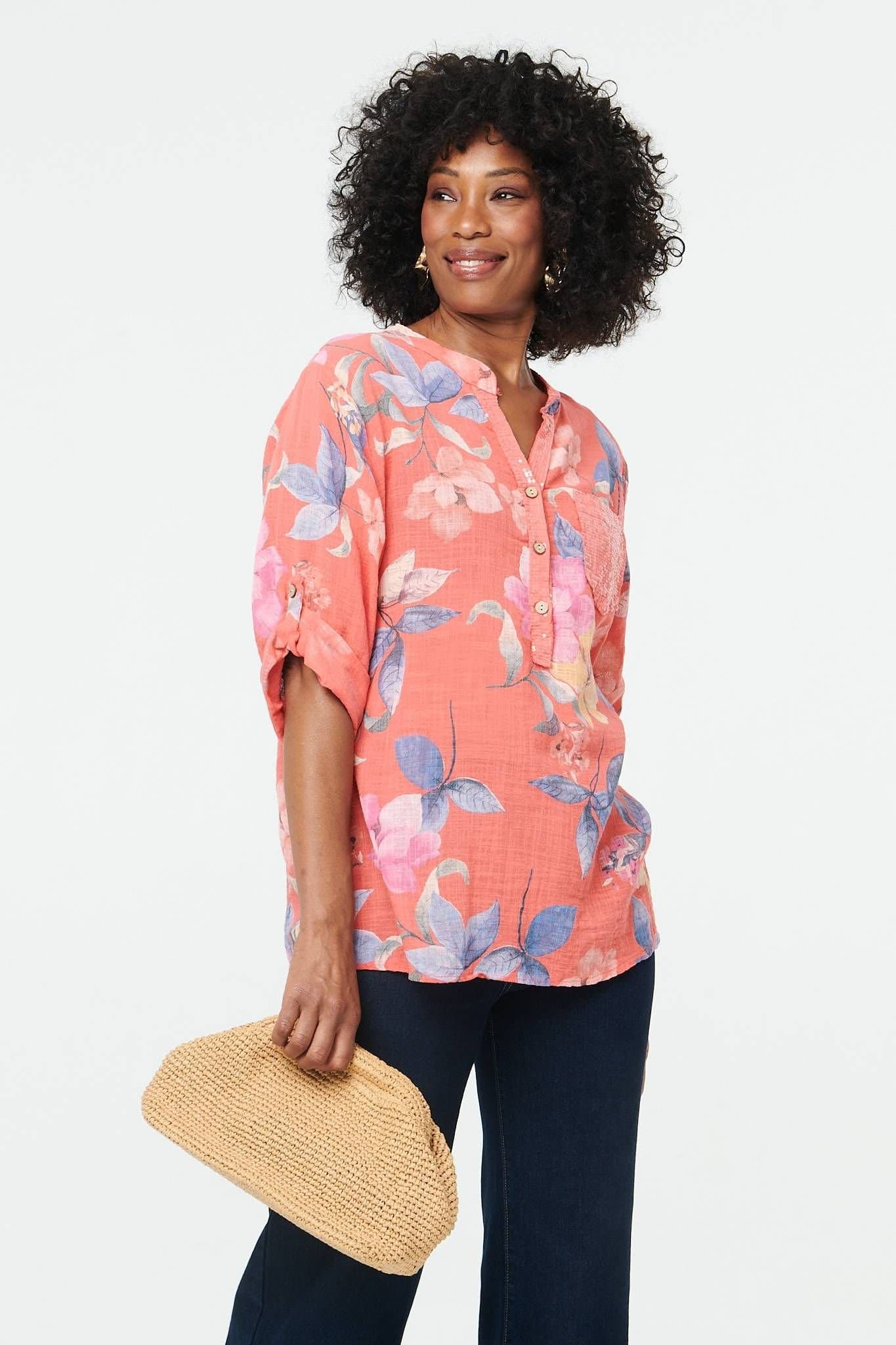 Izabel London Izabel London Women's Floral Curve Hem Turn-Up Sleeve Blouse in Coral
