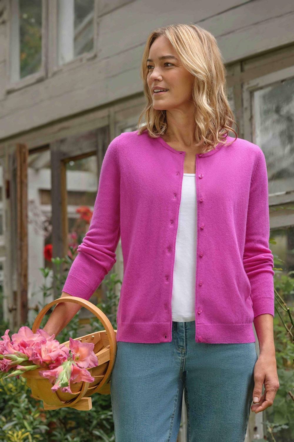 WoolOvers WoolOvers Women's Cashmere Merino Crew Neck Cardigan in Bright Pink - 4