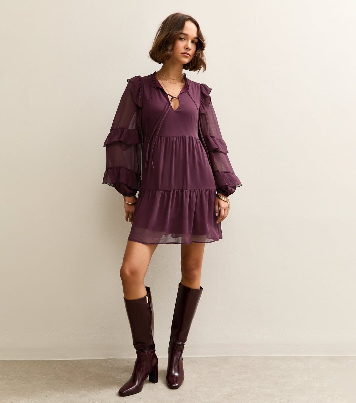 New Look Women's Burgundy Ruffle Trim Chiffon Tiered Mini Dress New Look