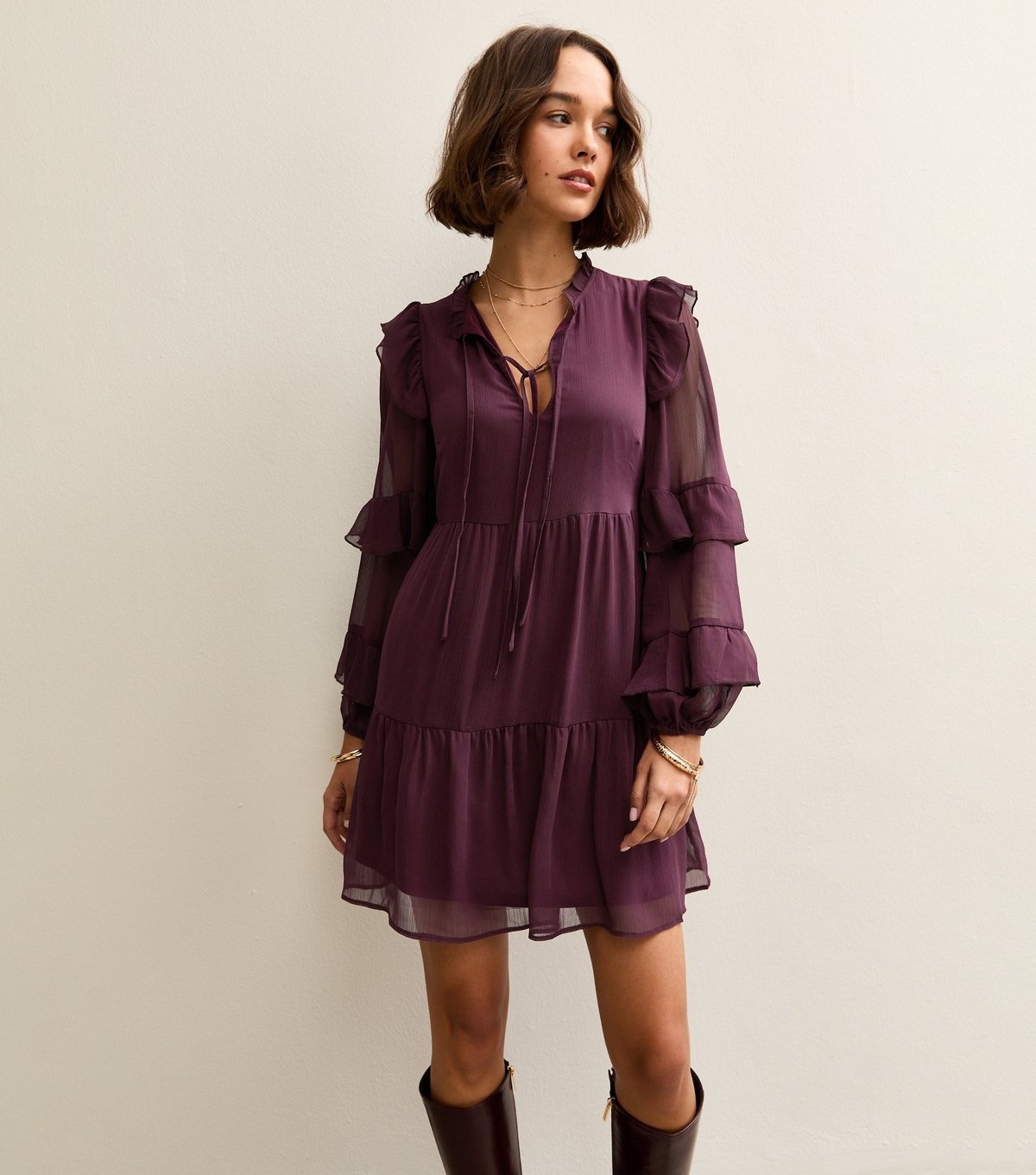 New Look Women's Burgundy Ruffle Trim Chiffon Tiered Mini Dress New Look - 3