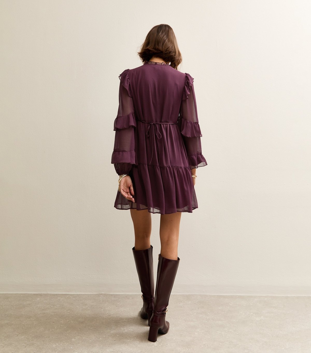 New Look Women's Burgundy Ruffle Trim Chiffon Tiered Mini Dress New Look - 4