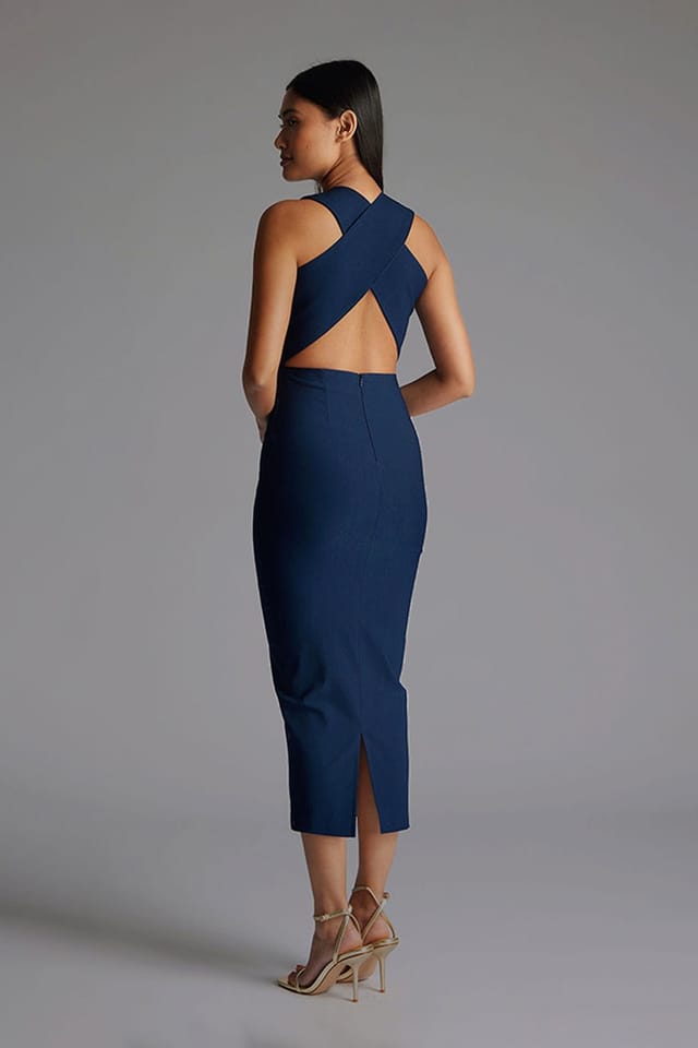 Vesper Vesper Women's Plunge Neck Open Back Midaxi Dress in Navy - 3
