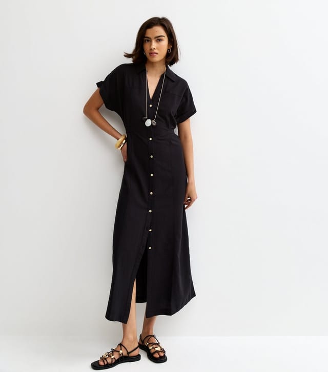New Look Women's Black Linen Blend Shirt Midi Dress New Look - 2