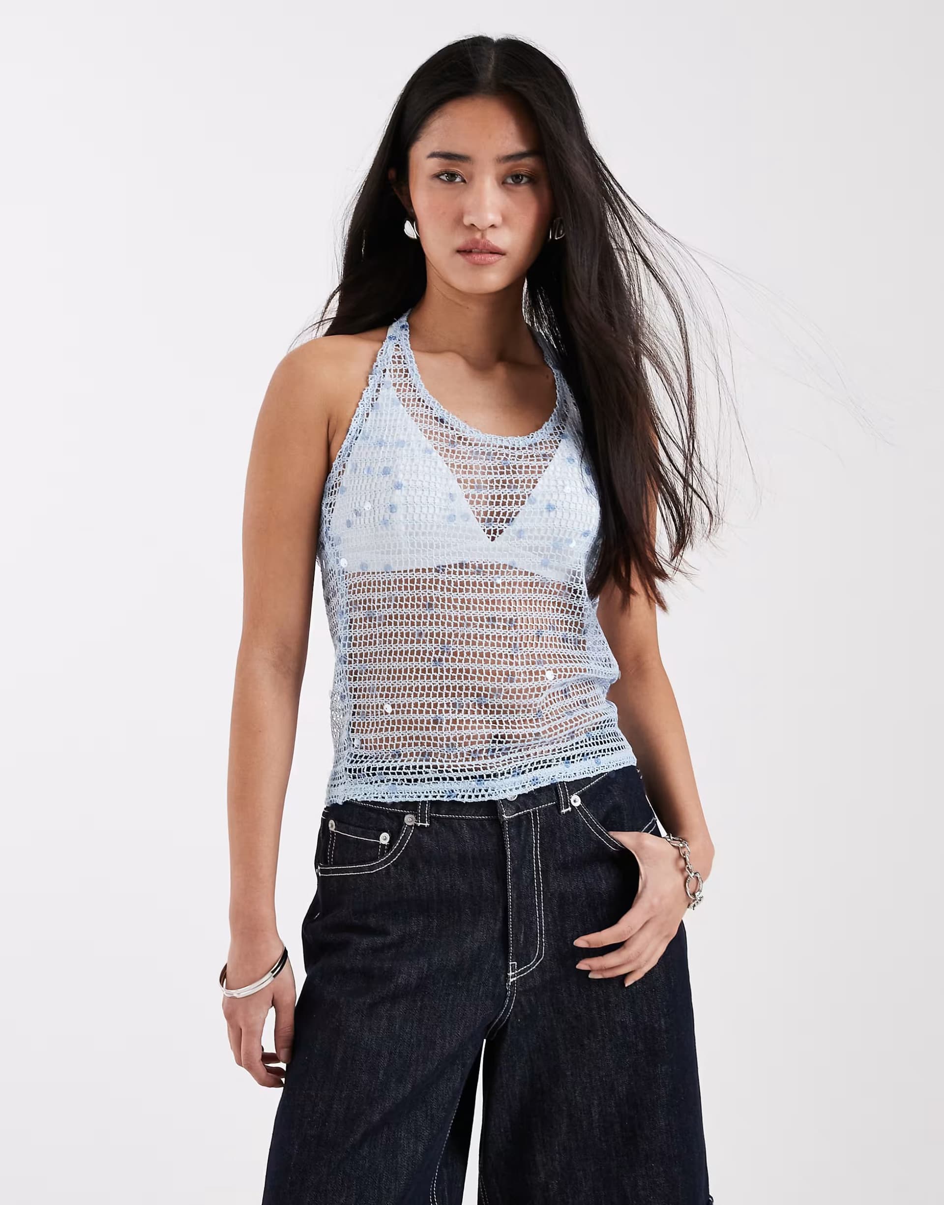 ASOS JJXX crochet halter top with sequins in blue