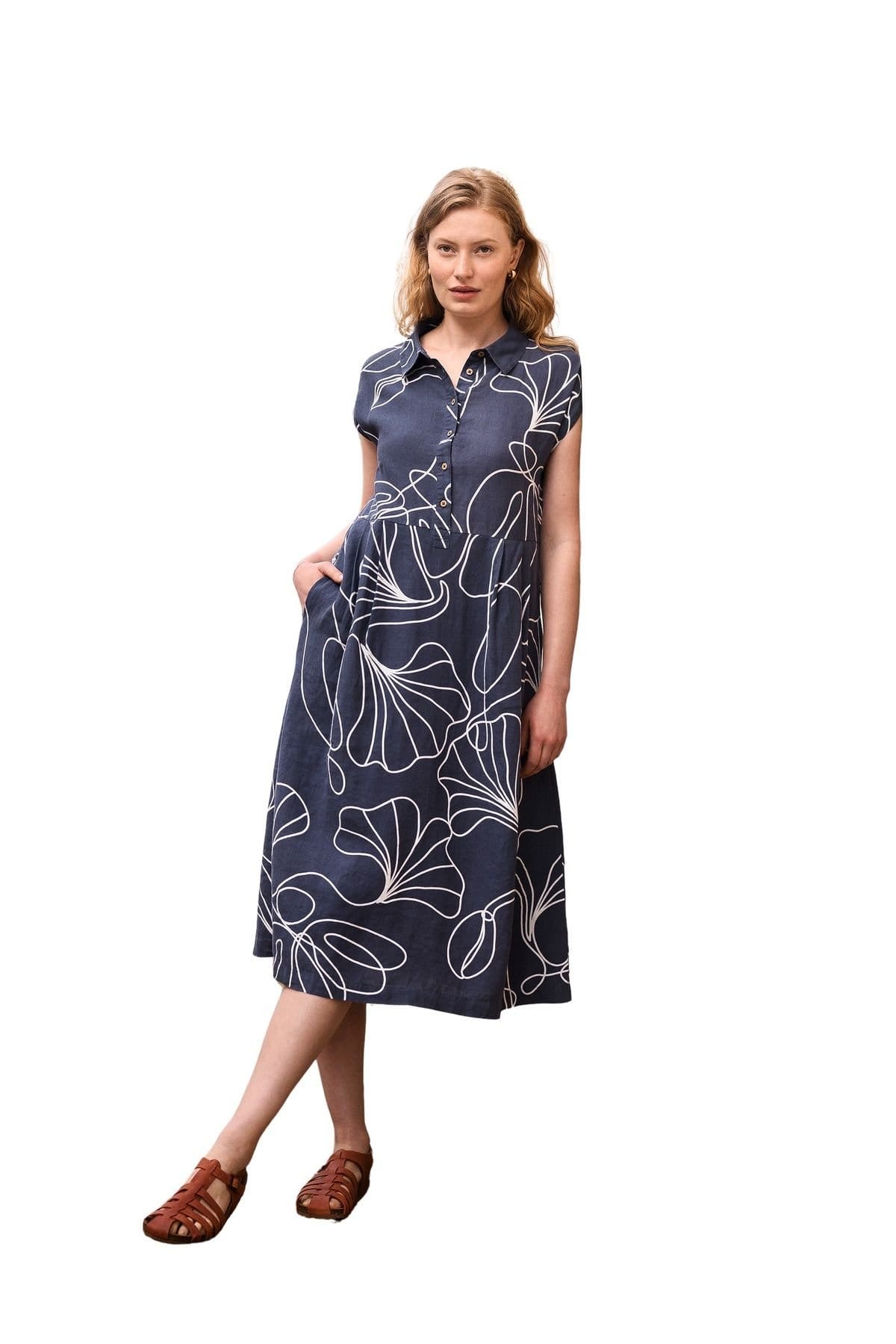 Celtic & Co Navy Linen Midi Shirt Dress