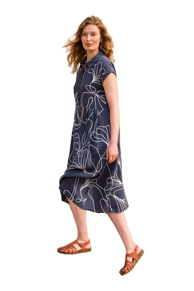 Celtic & Co Celtic & Co Women's Linen Short Sleeve Midi Shirt Dress in Navy - 3