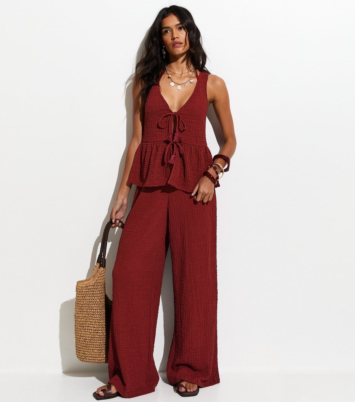 New Look Rust Textured Jersey Beach Trouser