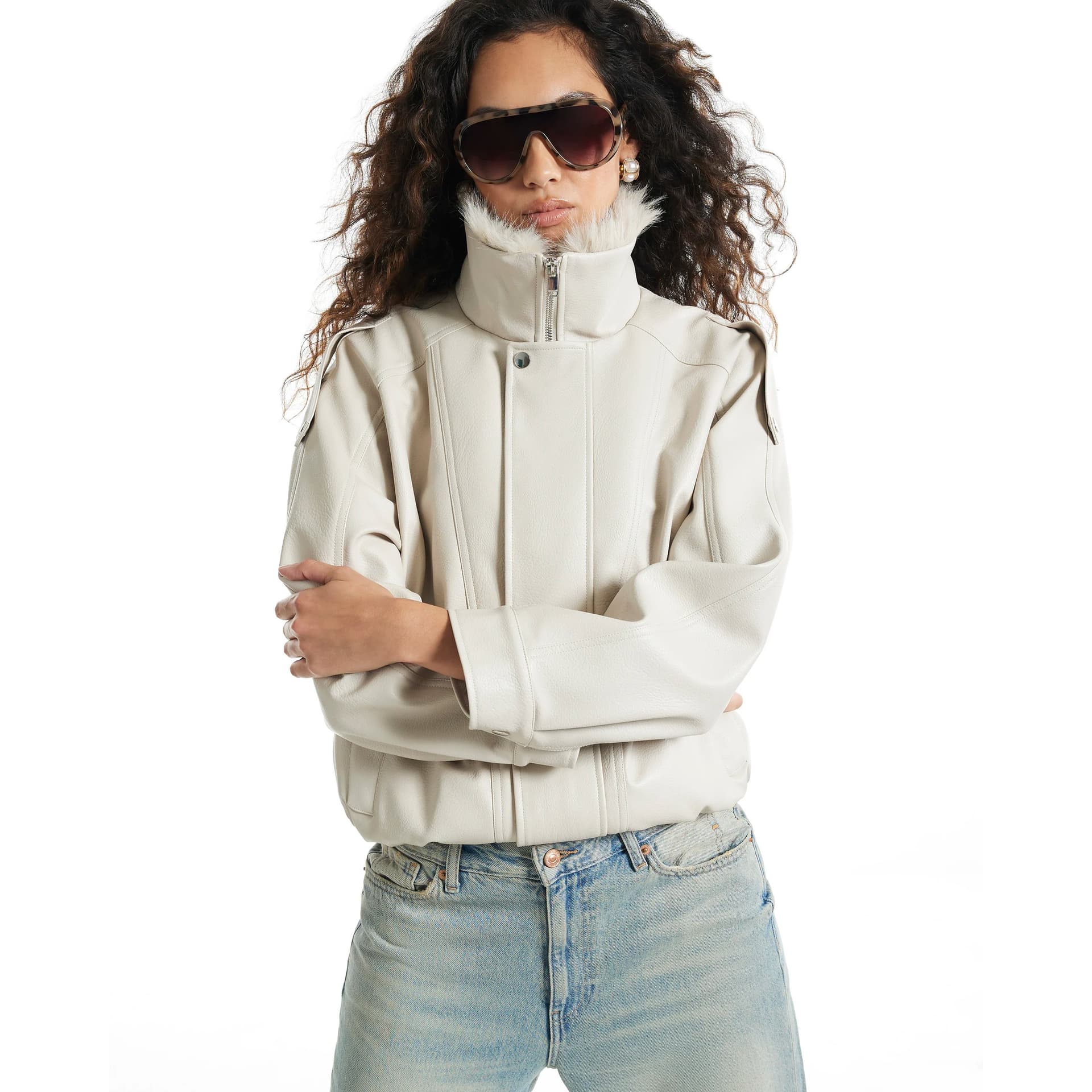 River Island River Island Womens Cream Faux Fur Faux Leather Bomber Jacket