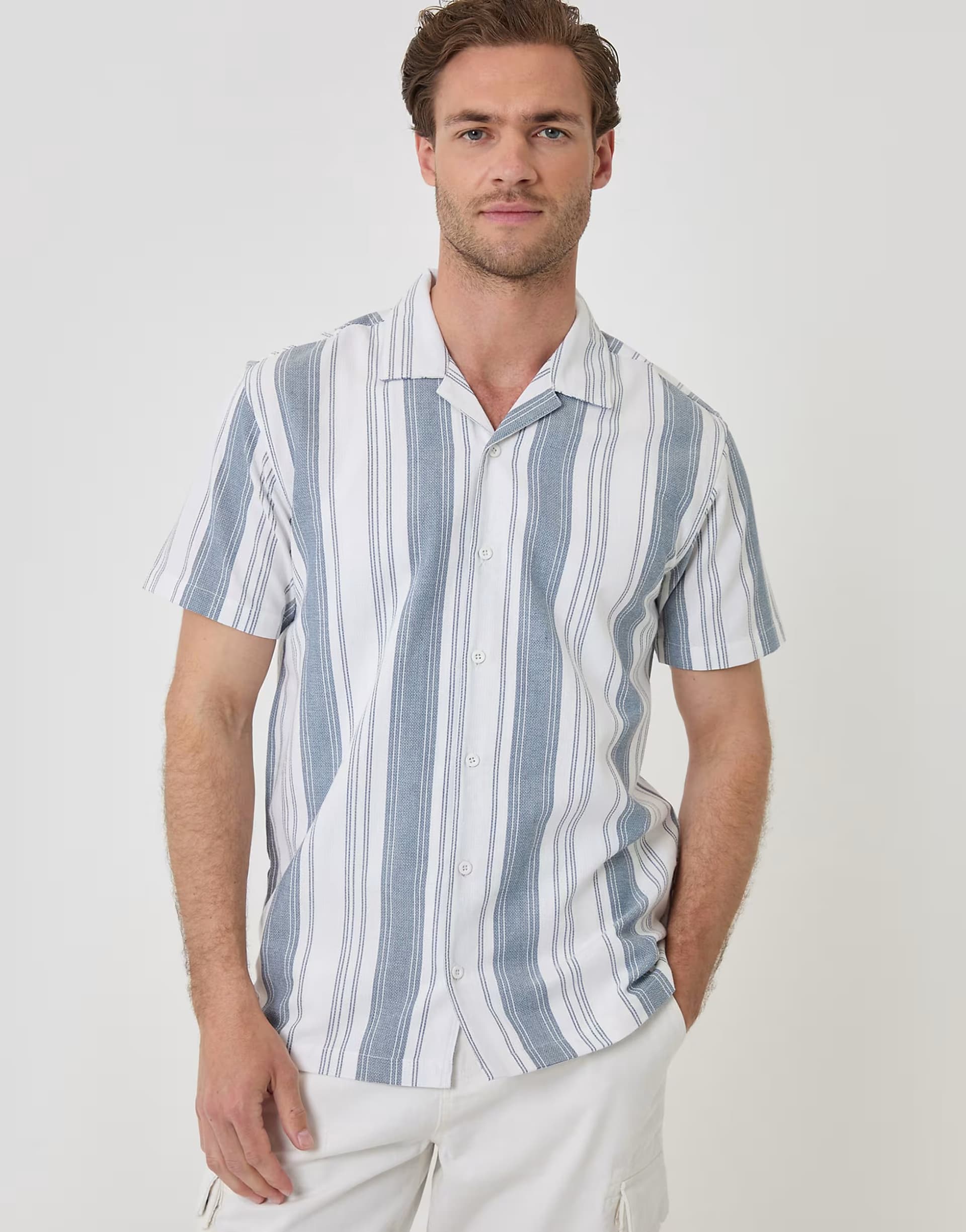 ASOS Threadbare Stripe knitted short sleeve shirt in blue