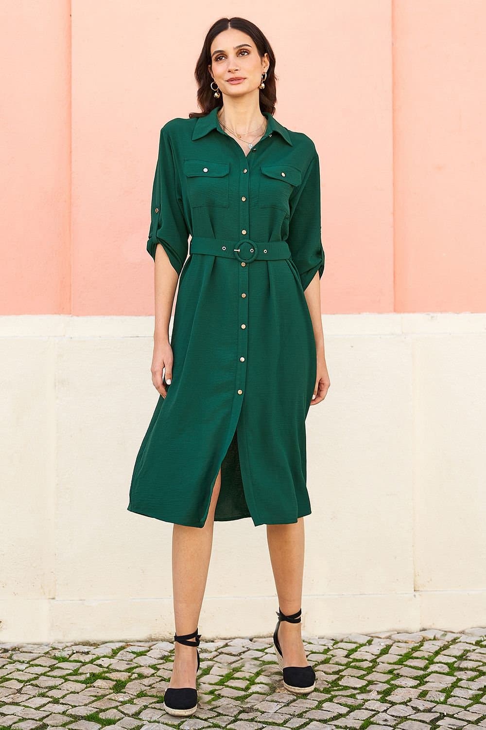 Yumi Yumi Women's Stretch Midi Shirt Dress in Green