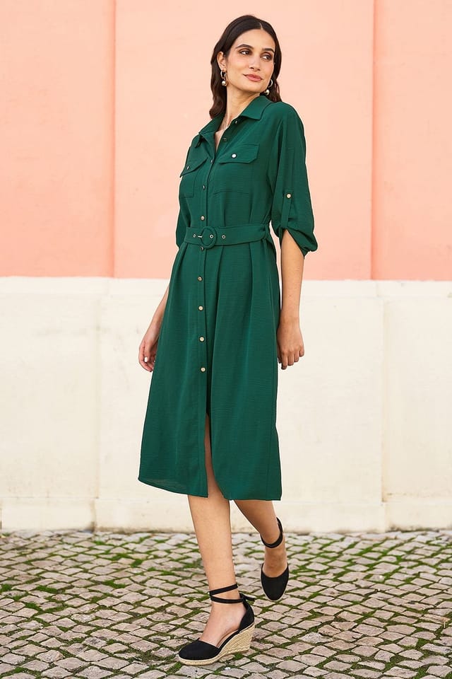 Yumi Yumi Women's Stretch Midi Shirt Dress in Green - 2