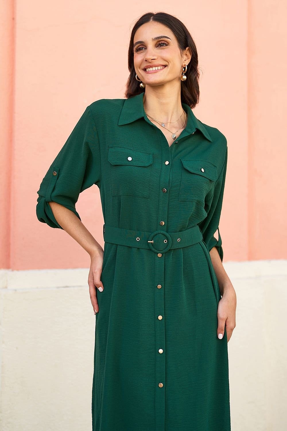 Yumi Yumi Women's Stretch Midi Shirt Dress in Green - 4