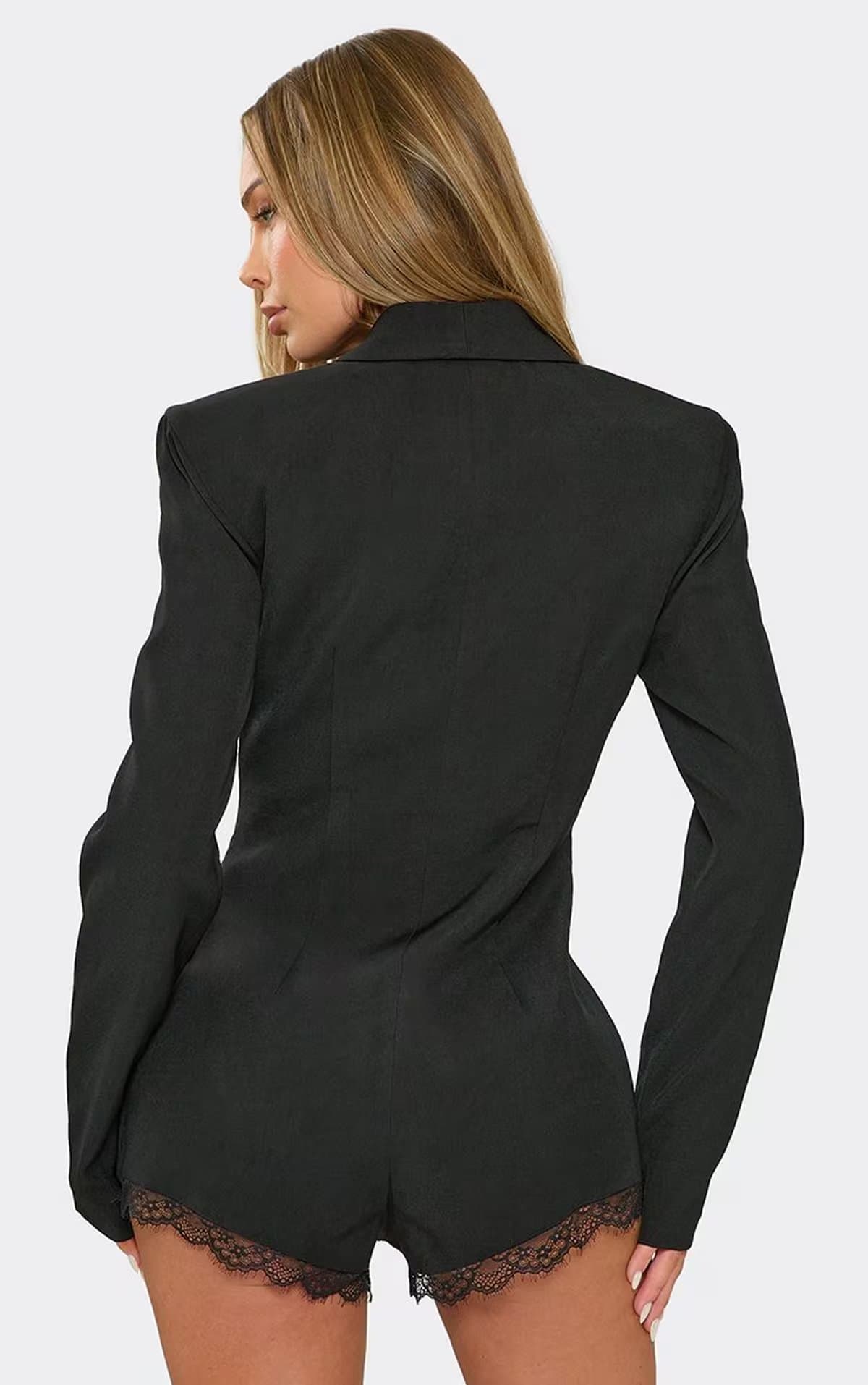 EGO Long Sleeve Plunge Front Lace Trim Tailored Micro Playsuit In Black, Women's Size UK 6