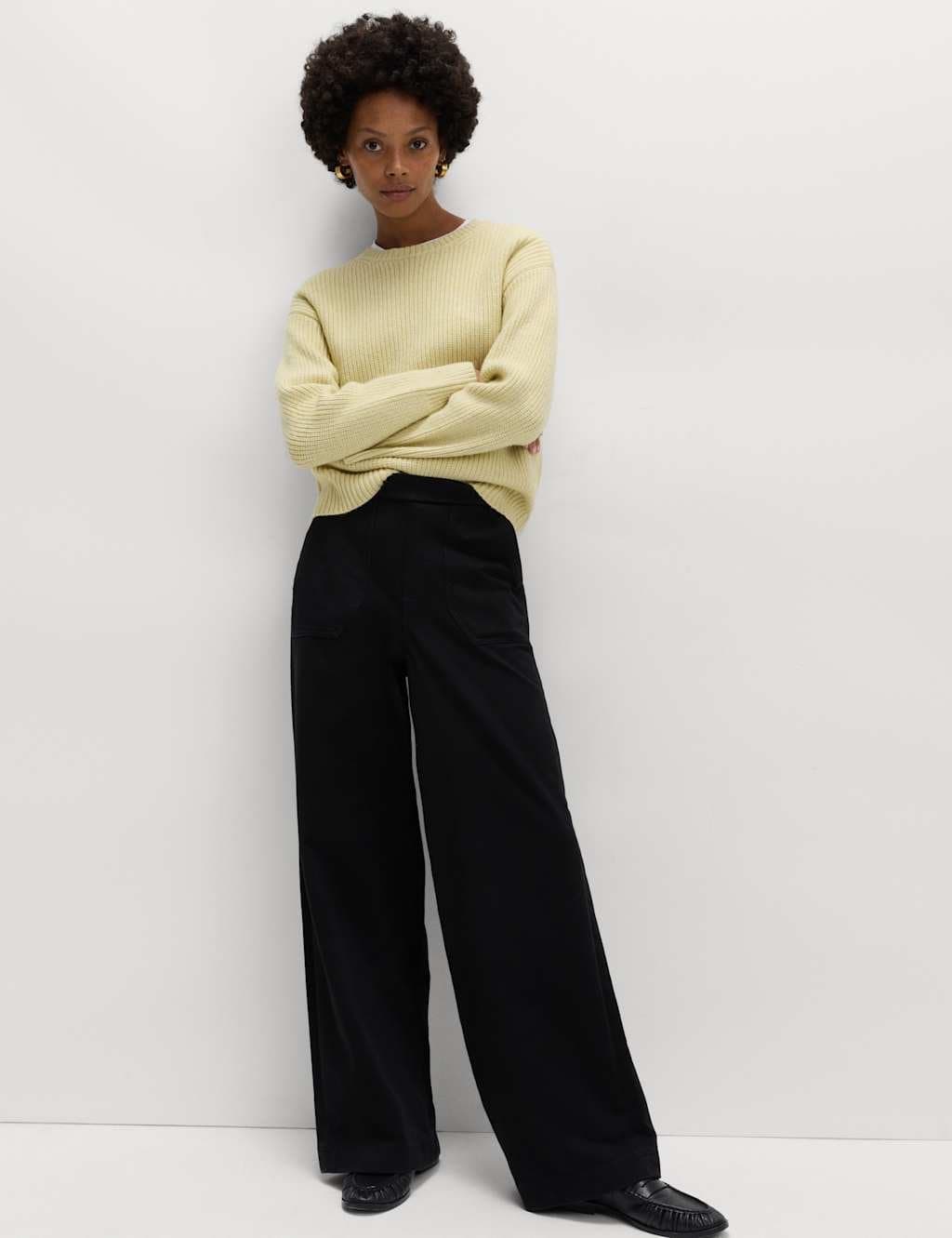 Marks & Spencer M&S Denim Elasticated Waist Wide Leg Trousers Black