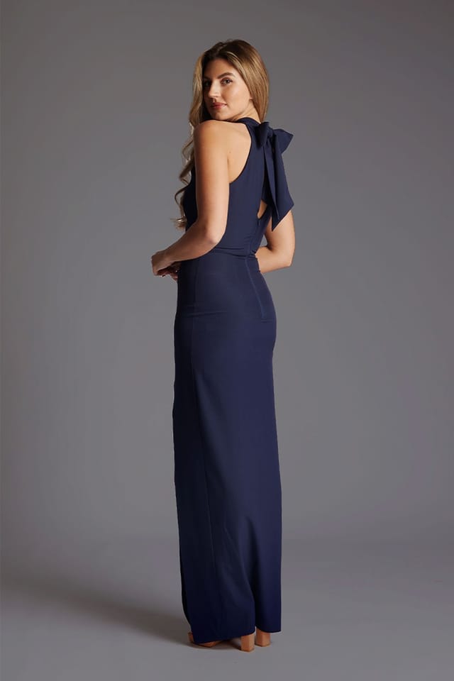 Vesper Vesper Women's High Neck Maxi Dress with Thigh Split in Navy - 3