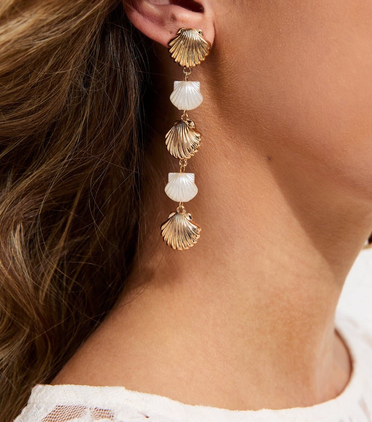 New Look Gold Tone Faux Pearl Shell Drop Earrings New Look
