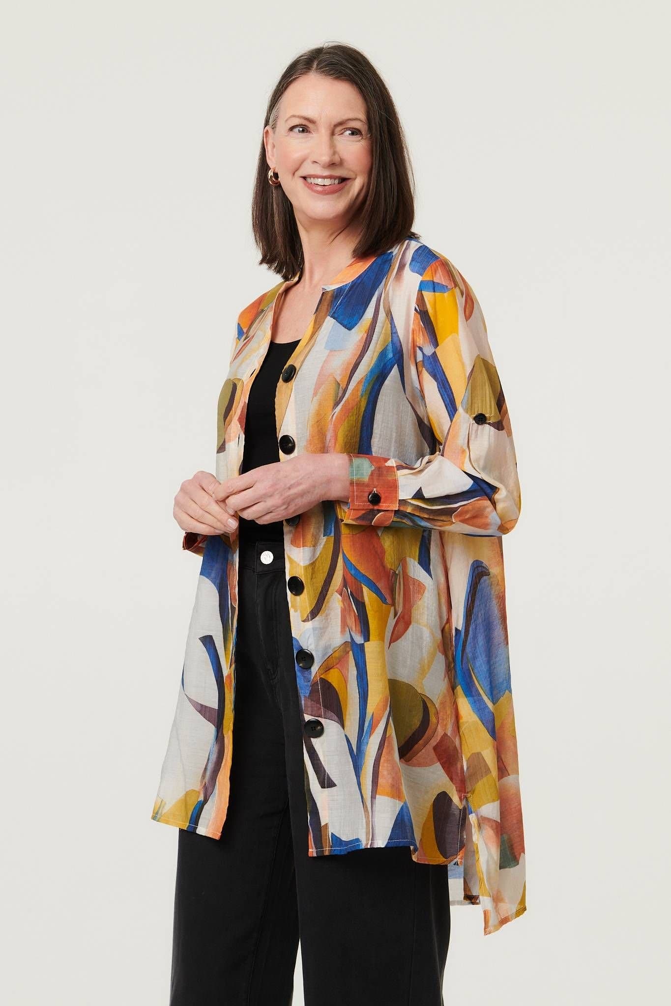 Izabel London Izabel London Women's Abstract Long Sleeve Longline Shirt in Yellow