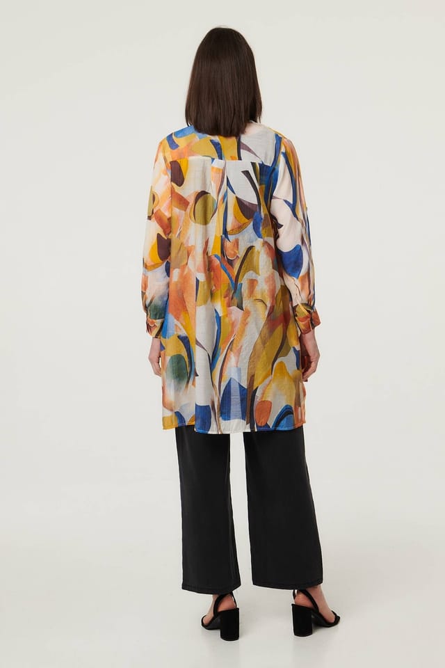 Izabel London Izabel London Women's Abstract Long Sleeve Longline Shirt in Yellow - 3