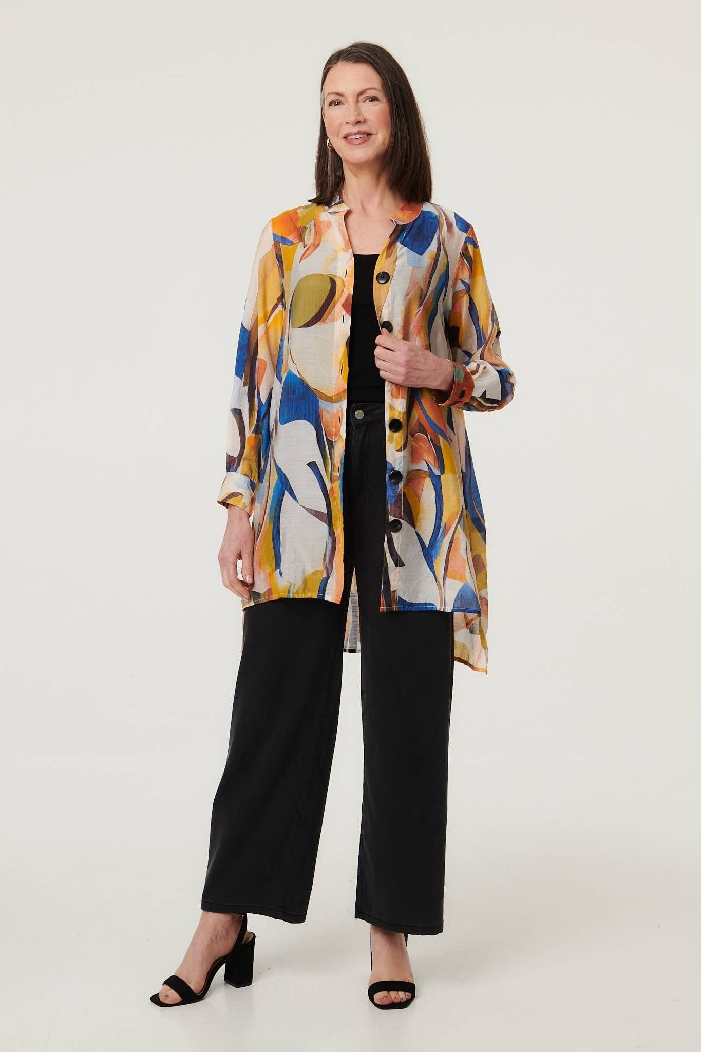 Izabel London Izabel London Women's Abstract Long Sleeve Longline Shirt in Yellow - 4