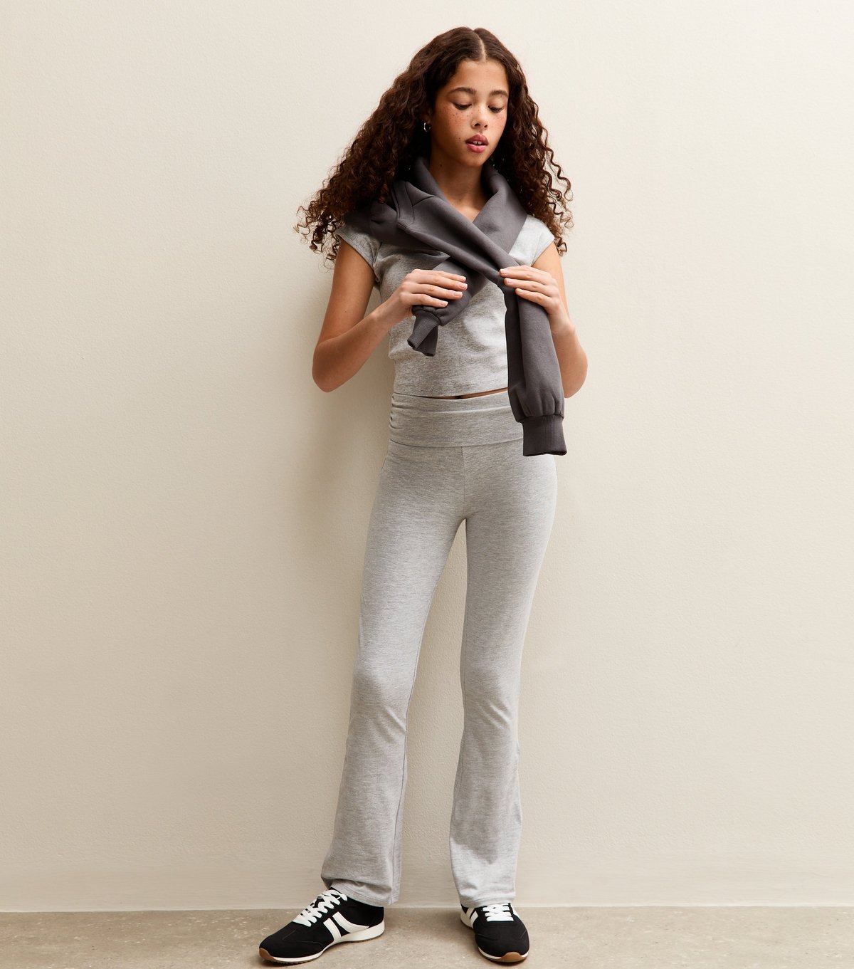 New Look Girls' Grey Folded Waist Flared Jersey Leggings New Look - 2