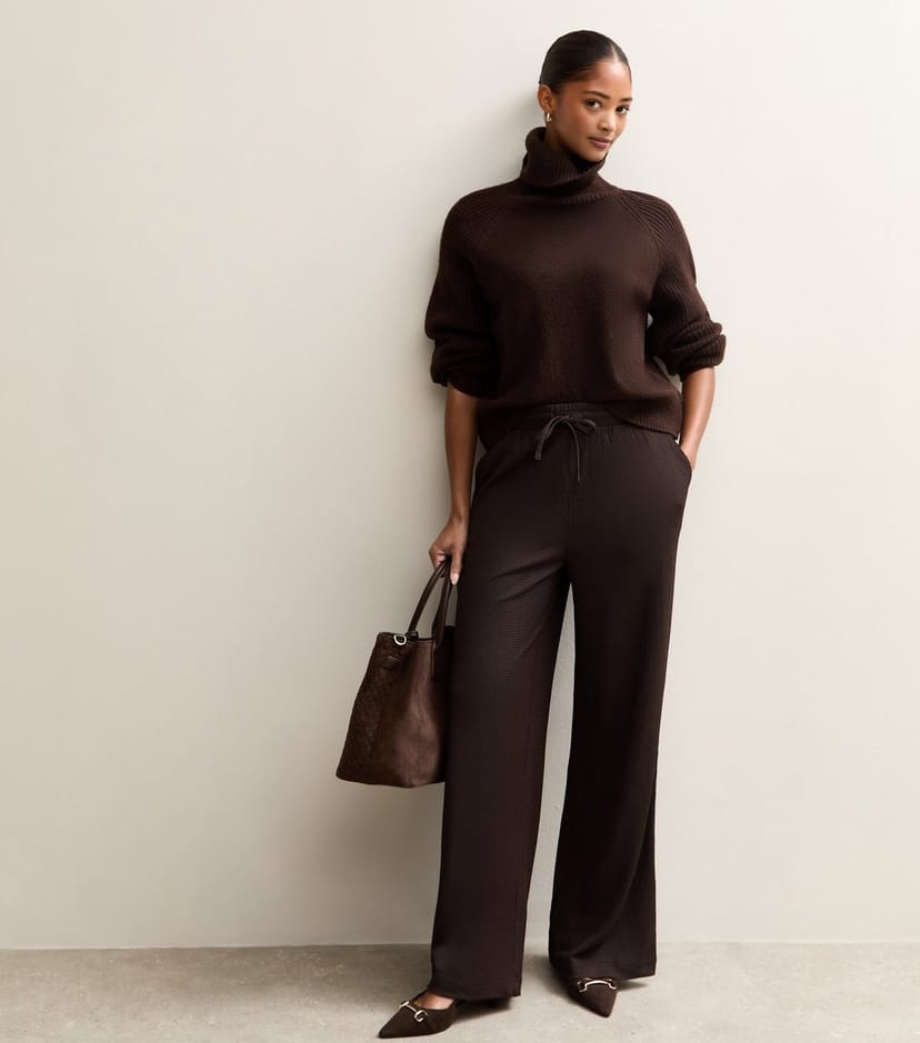 New Look Women's Dark Brown Textured Wide Leg Trousers New Look - 1