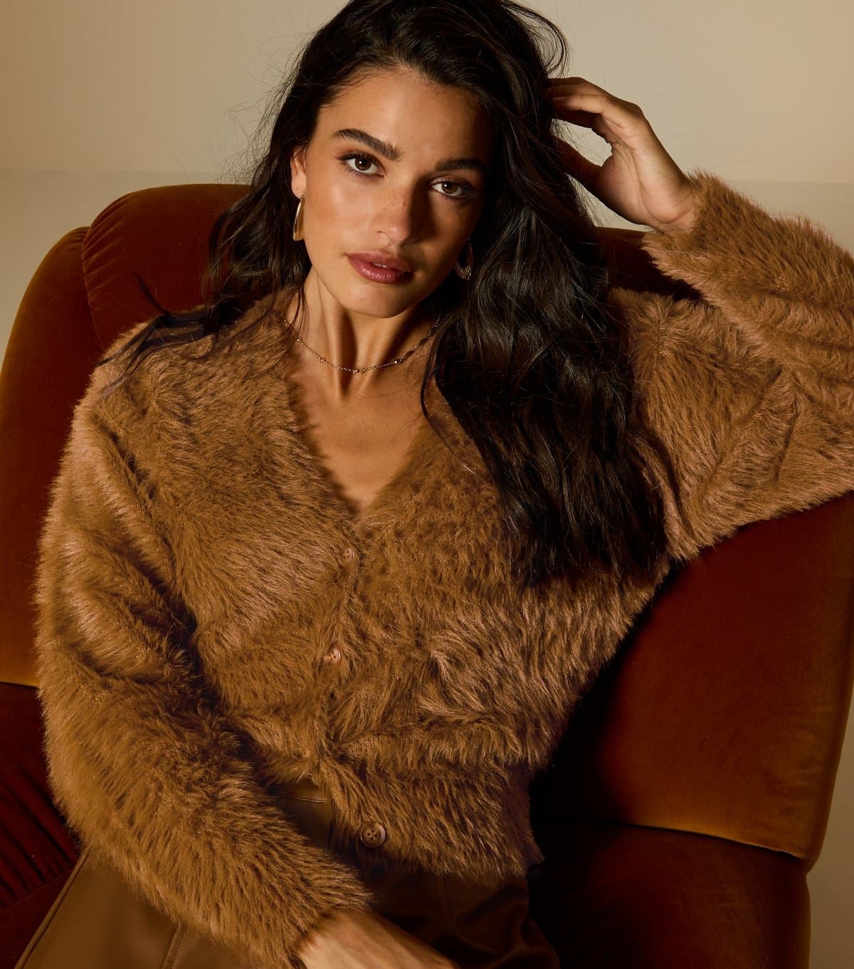 New Look Women's Tan Super Fluffy Button Up Cardigan New Look