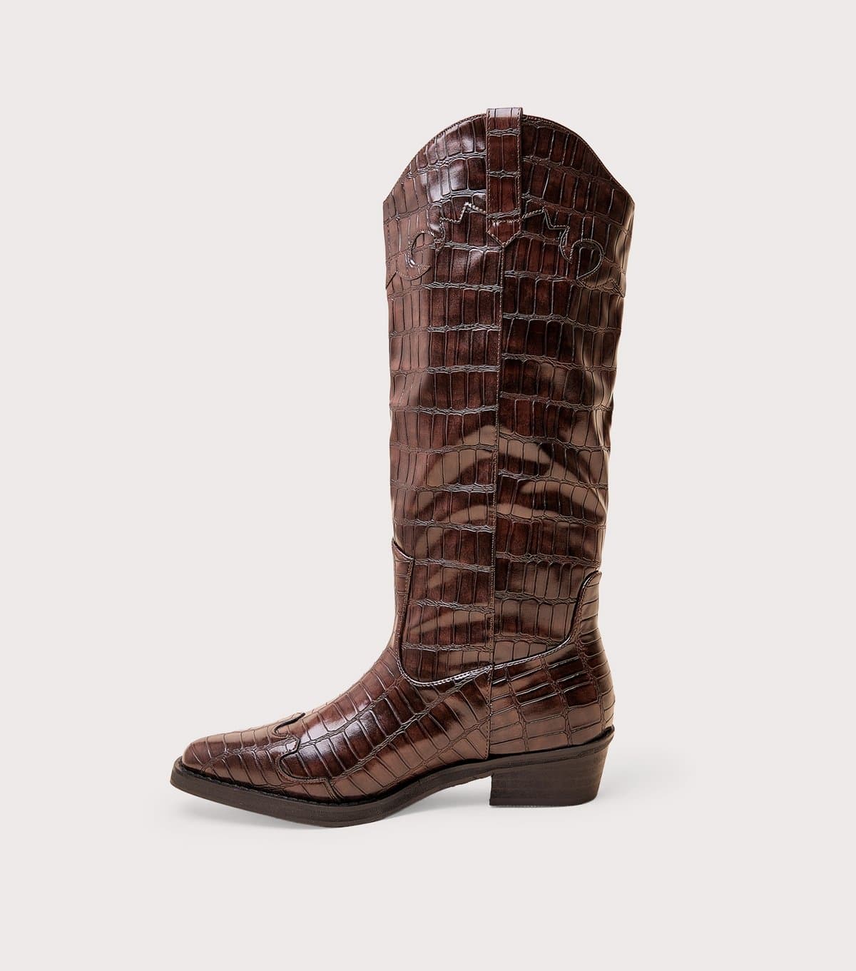 Public Desire Women's Dark Brown Apollo Faux Leather Crocodile Embossed Western Boots Public Desire New Look
