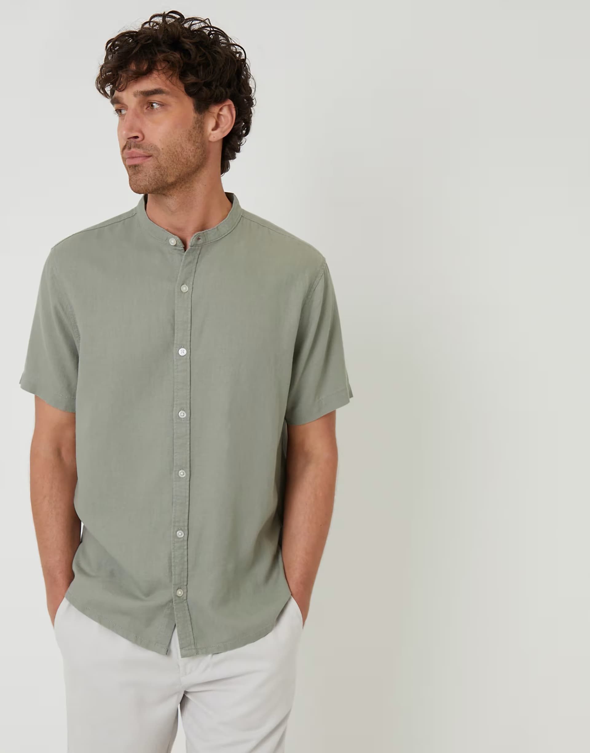 ASOS Threadbare Grandad collar linen blend short sleeve shirt in pale green