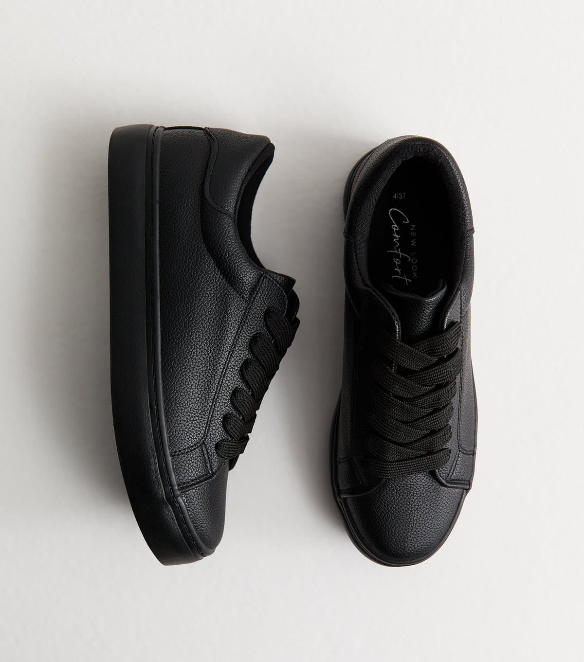 New Look Women's Black Faux Leather Lace Up Trainers Vegan New Look