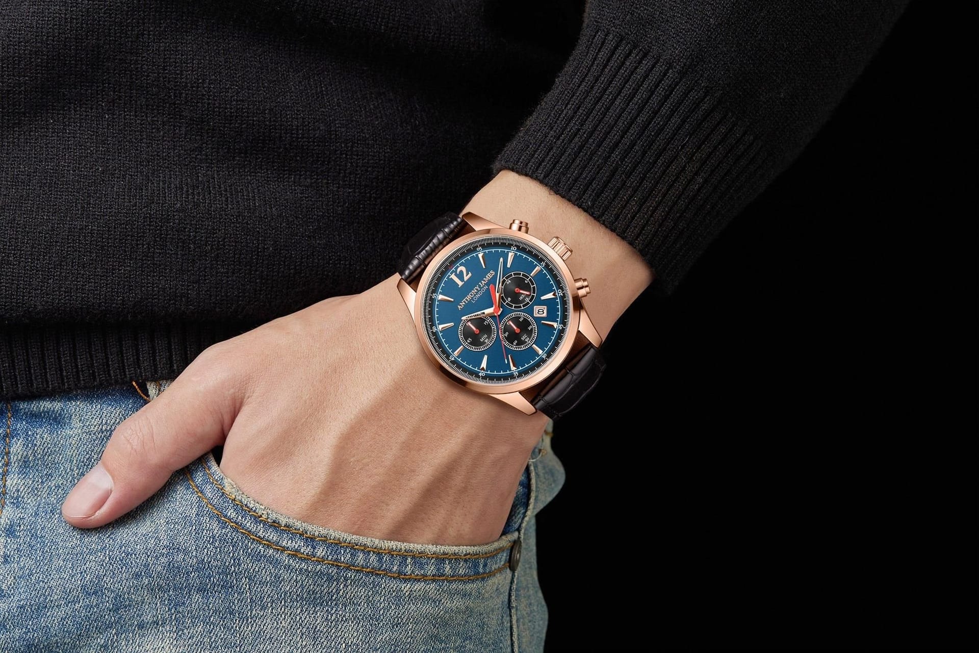 Anthony James Anthony James Men's Hand Assembled Classic Chronograph Rose Blue Watch - 4