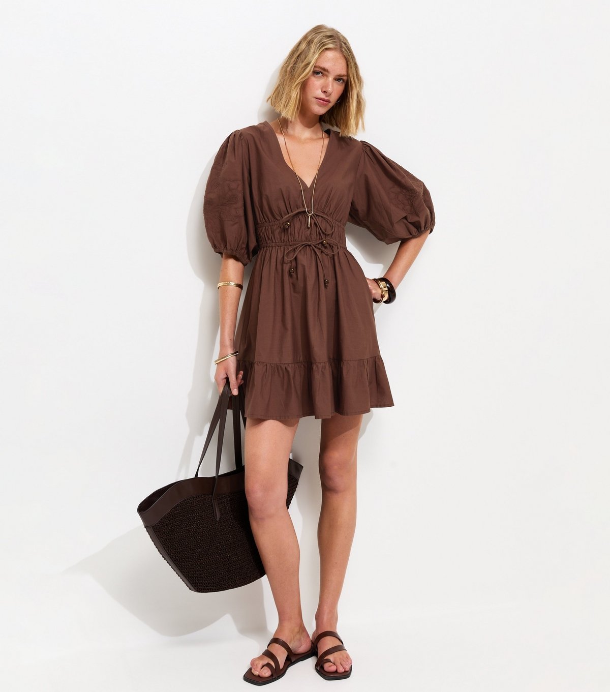 New Look Women's Brown Cotton Embroidered Puff Sleeve Mini Dress New Look - 3