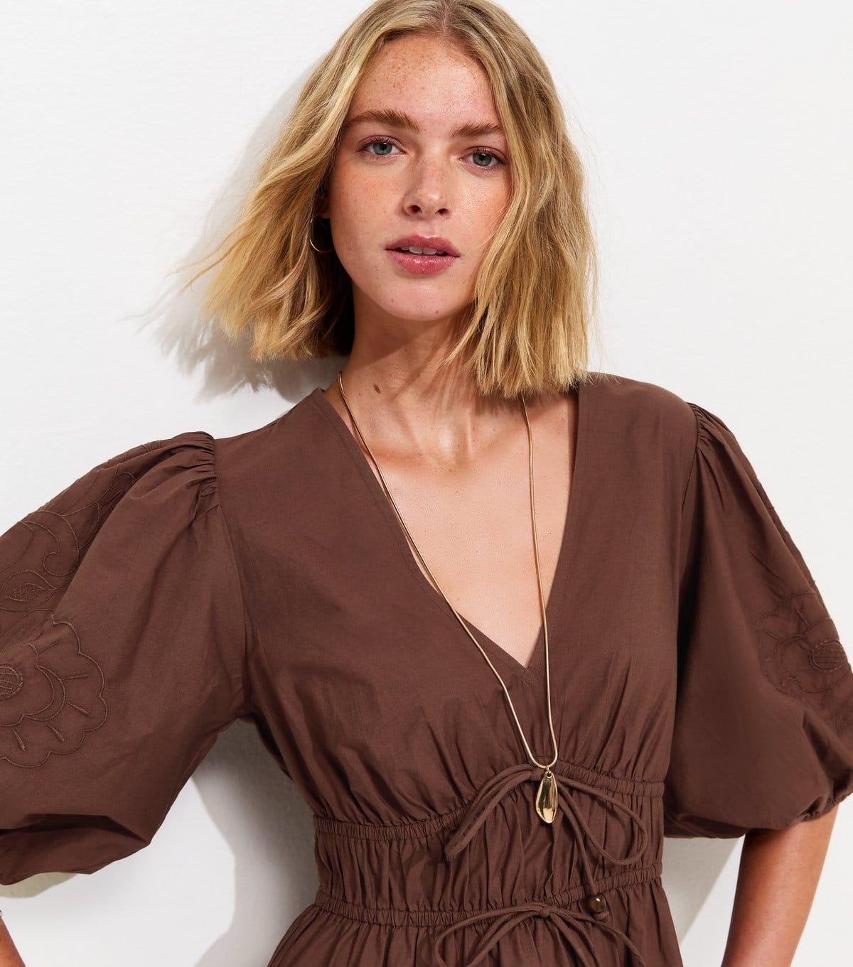 New Look Women's Brown Cotton Embroidered Puff Sleeve Mini Dress New Look - 4