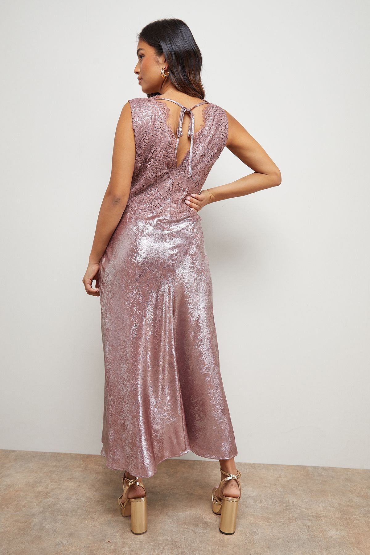 Oasis Oasis Women's Petite Metallic Lace Detail Midi Slip Dress in Rose - 3