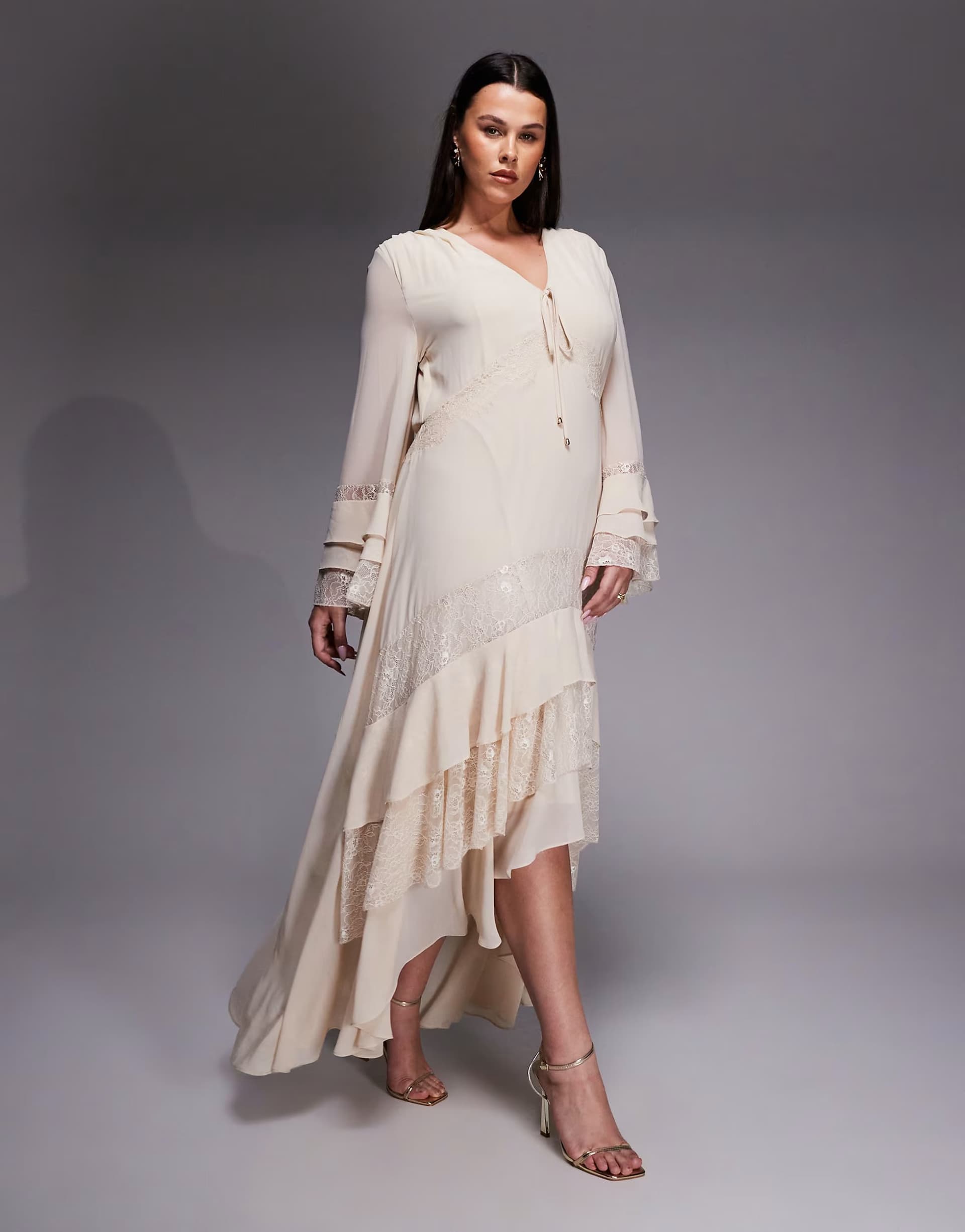 ASOS TFNC Plus long sleeve frilly chiffon and lace maxi dress in cream