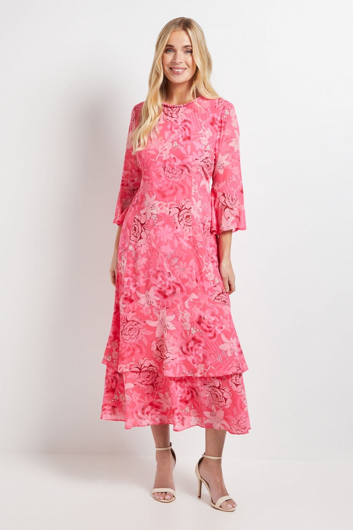 Wallis Wallis Women's Petite Floral Neck Trim Ruffle Midi Dress in Pink