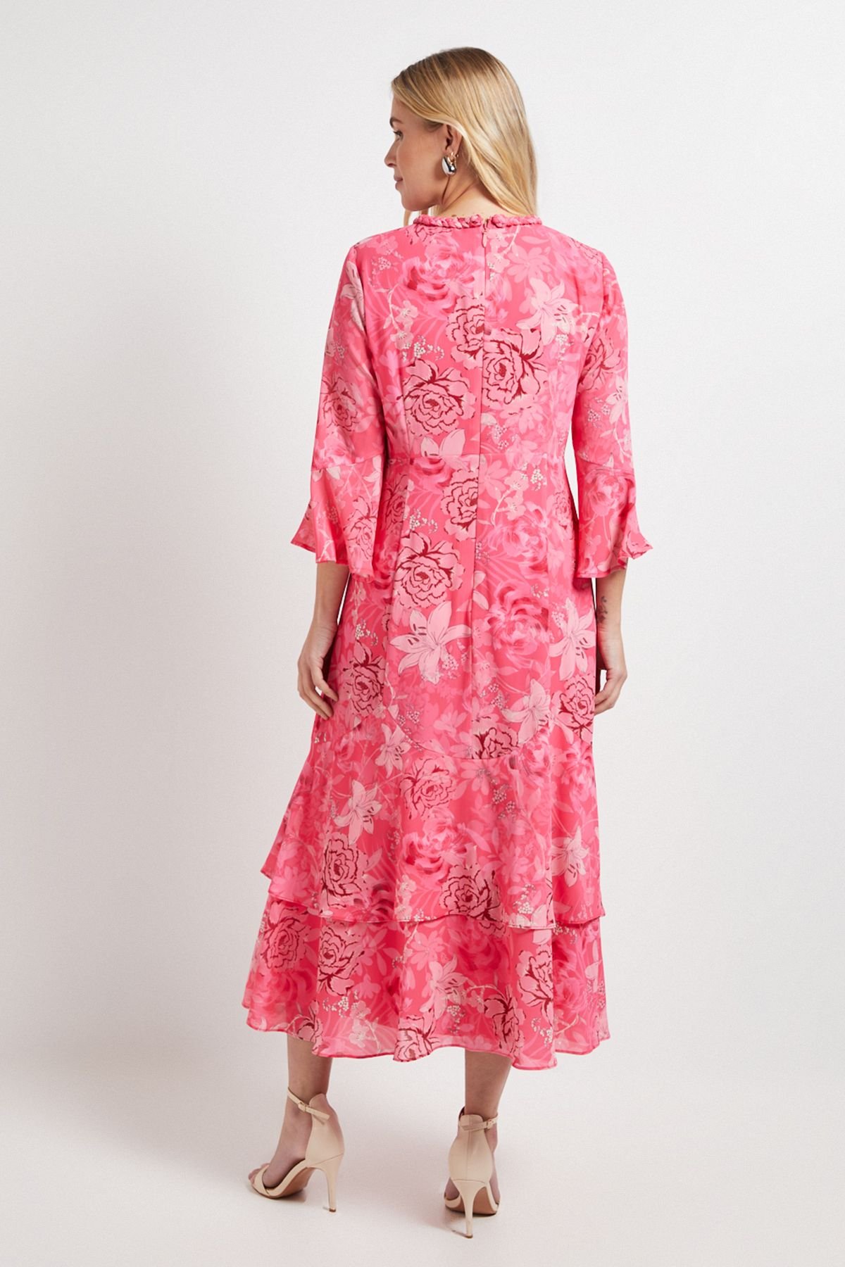 Wallis Wallis Women's Petite Floral Neck Trim Ruffle Midi Dress in Pink - 3