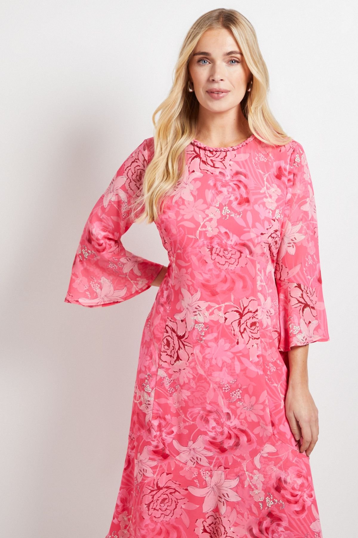 Wallis Wallis Women's Petite Floral Neck Trim Ruffle Midi Dress in Pink - 4