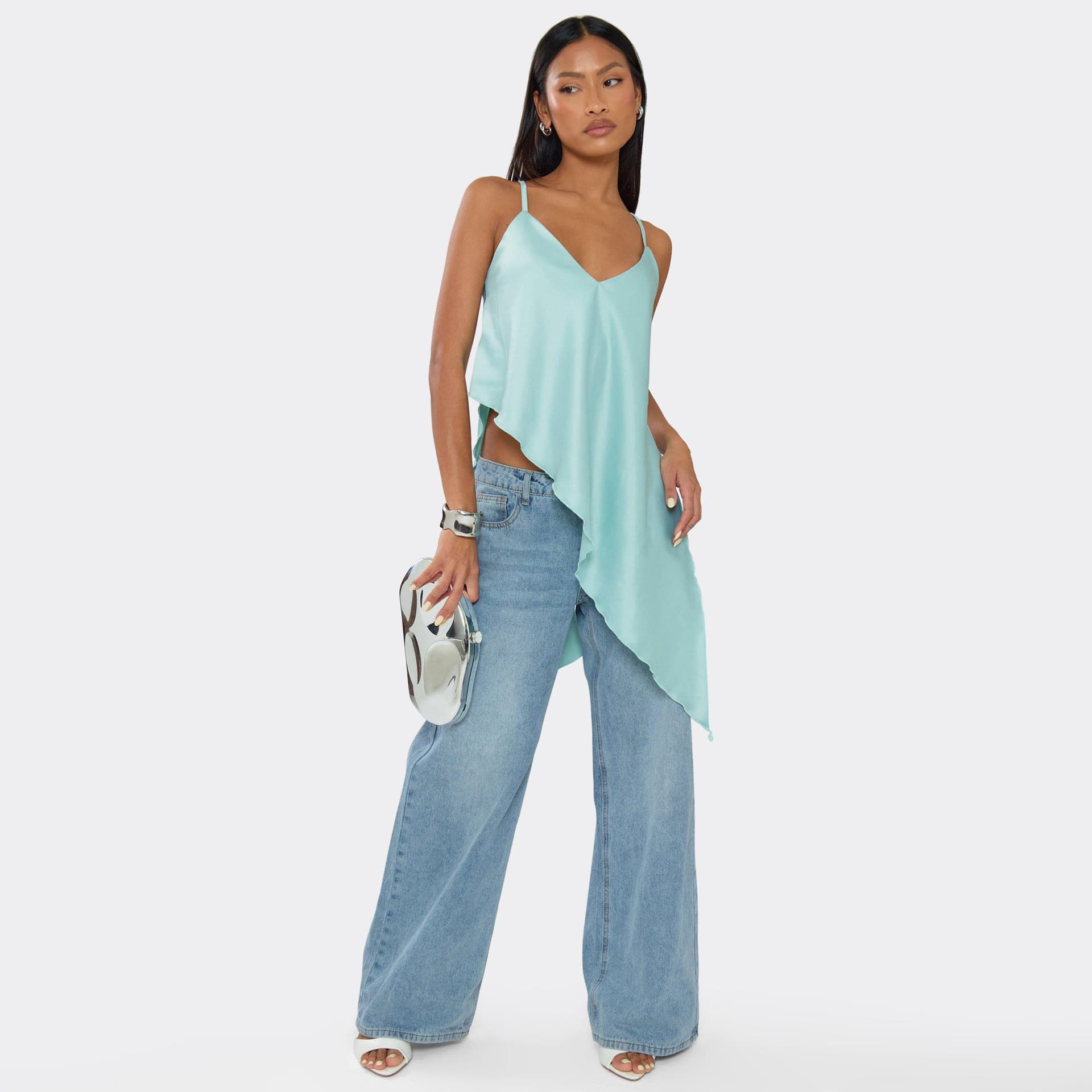 EGO Strappy Cross Back Asymmetric Draped Top In Green Satin, Women's Size UK 6