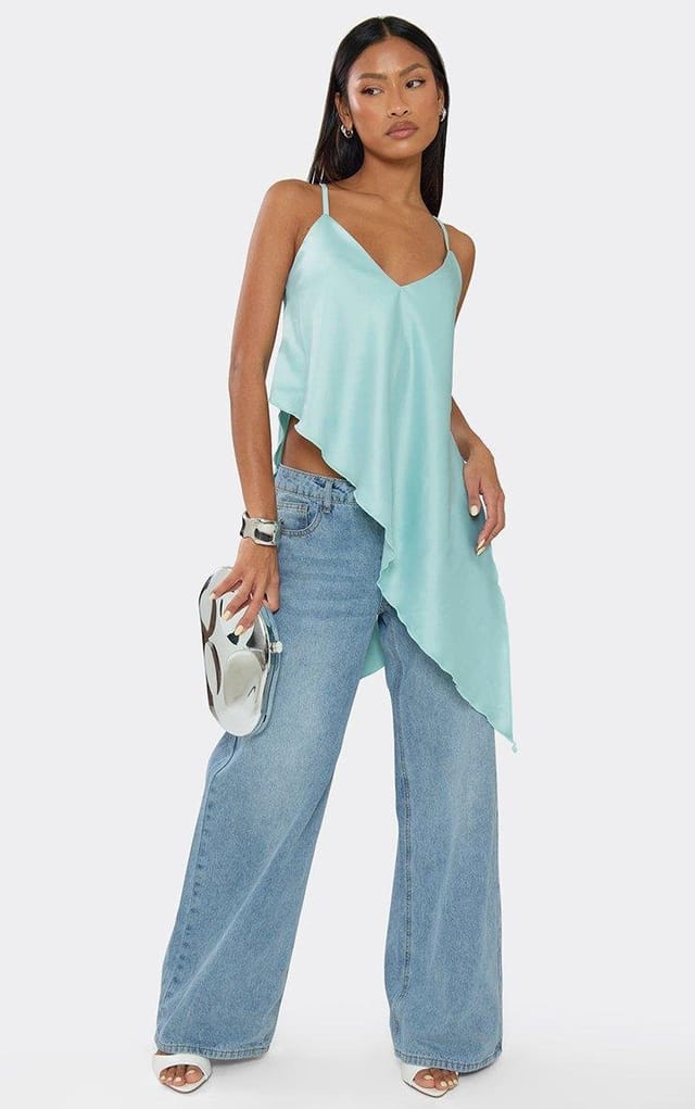 EGO Strappy Cross Back Asymmetric Draped Top In Green Satin, Women's Size UK 6 - 2