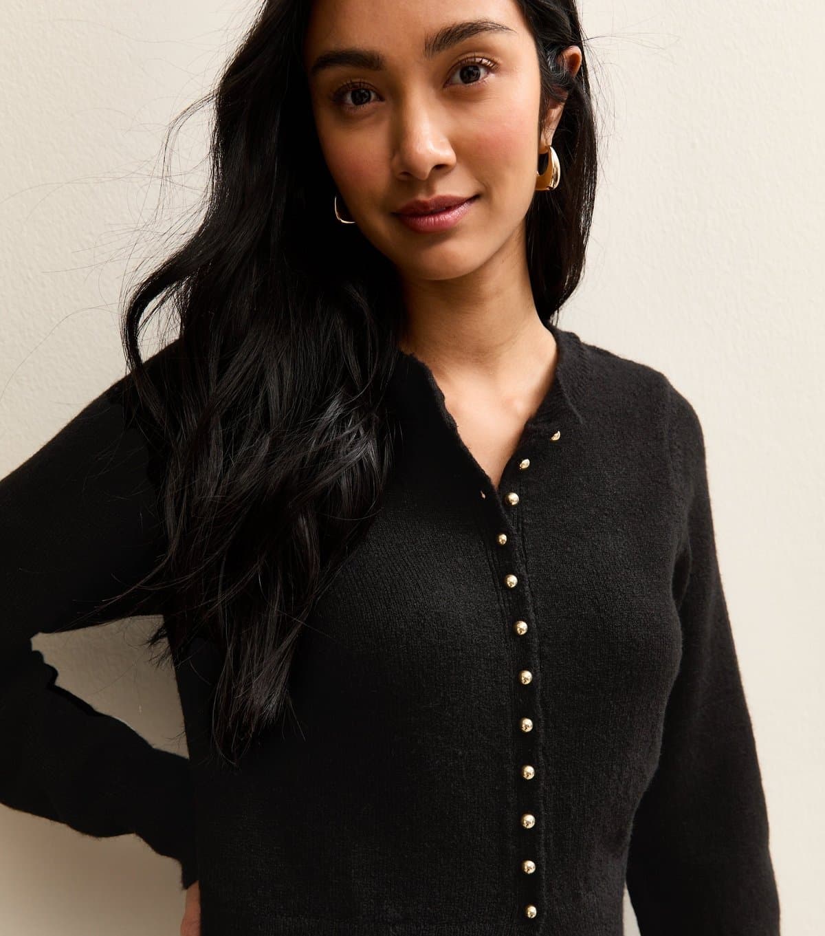 New Look Women's Black Dome Button Crew Neck Cardigan New Look