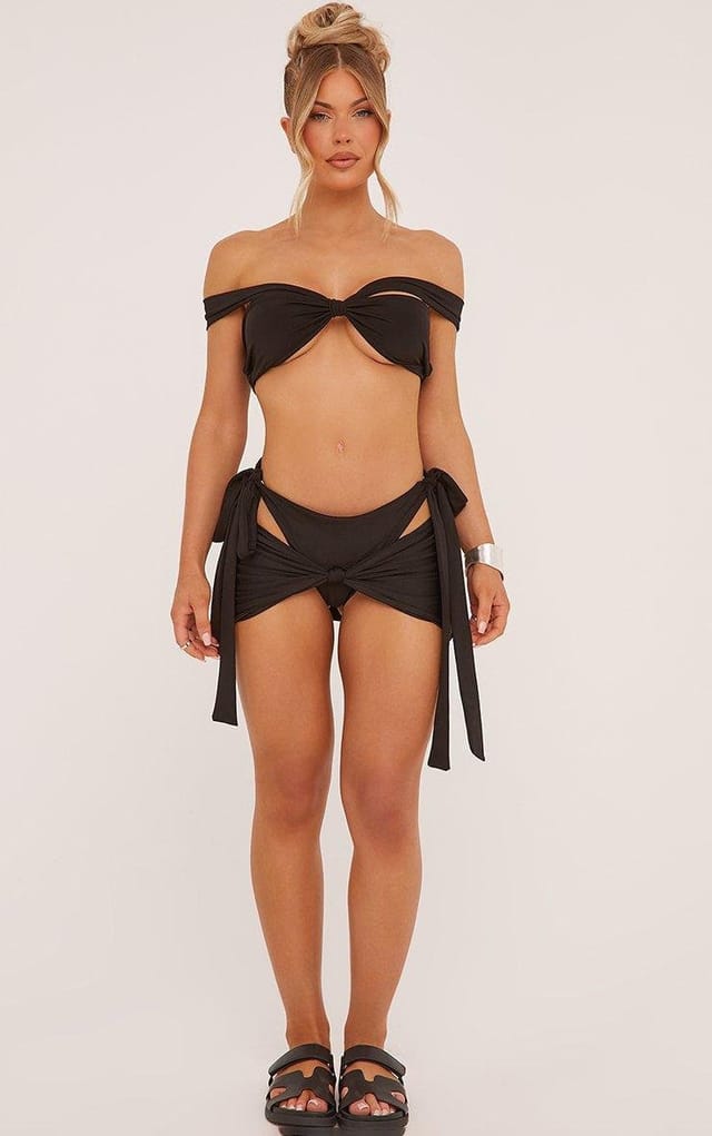 EGO Strappy Bardot Knot Detail Bikini Set And Cover Up Skirt In Black, Women's Size UK 6 - 2