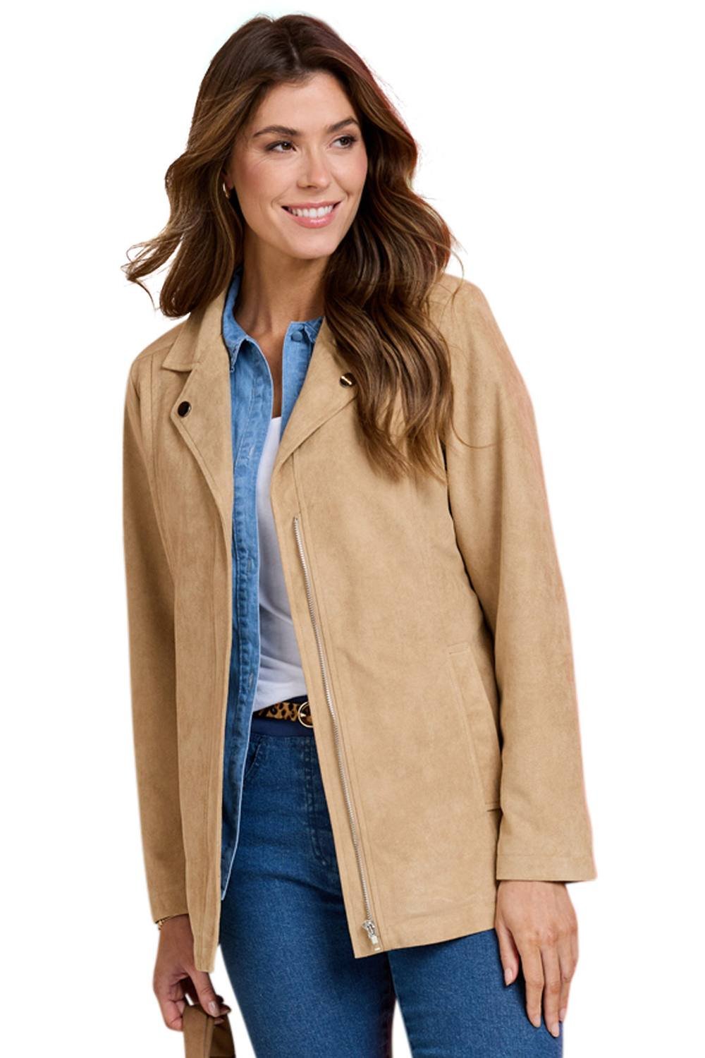 Amber Amber Women's Mock Suede Biker Jacket, Soft Faux Suede Zip Jacket with Studded in Light Tan - 2