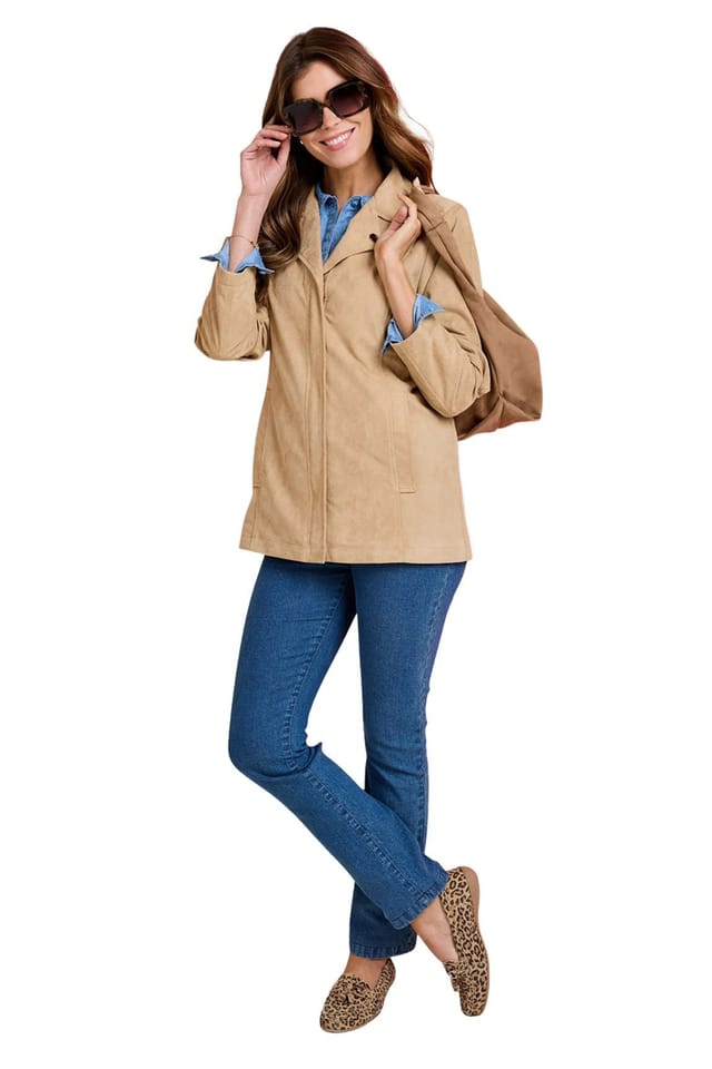 Amber Amber Women's Mock Suede Biker Jacket, Soft Faux Suede Zip Jacket with Studded in Light Tan - 2