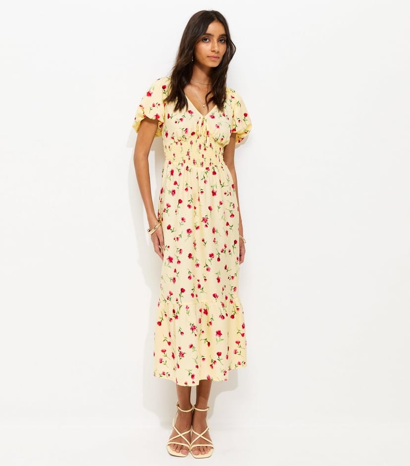 New Look Women's Light Yellow Crepe Ditsy Puff Sleeve Shirred Waist Midi Dress New Look - 1