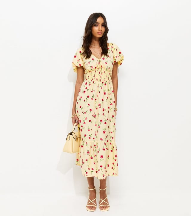 New Look Women's Light Yellow Crepe Ditsy Puff Sleeve Shirred Waist Midi Dress New Look - 2