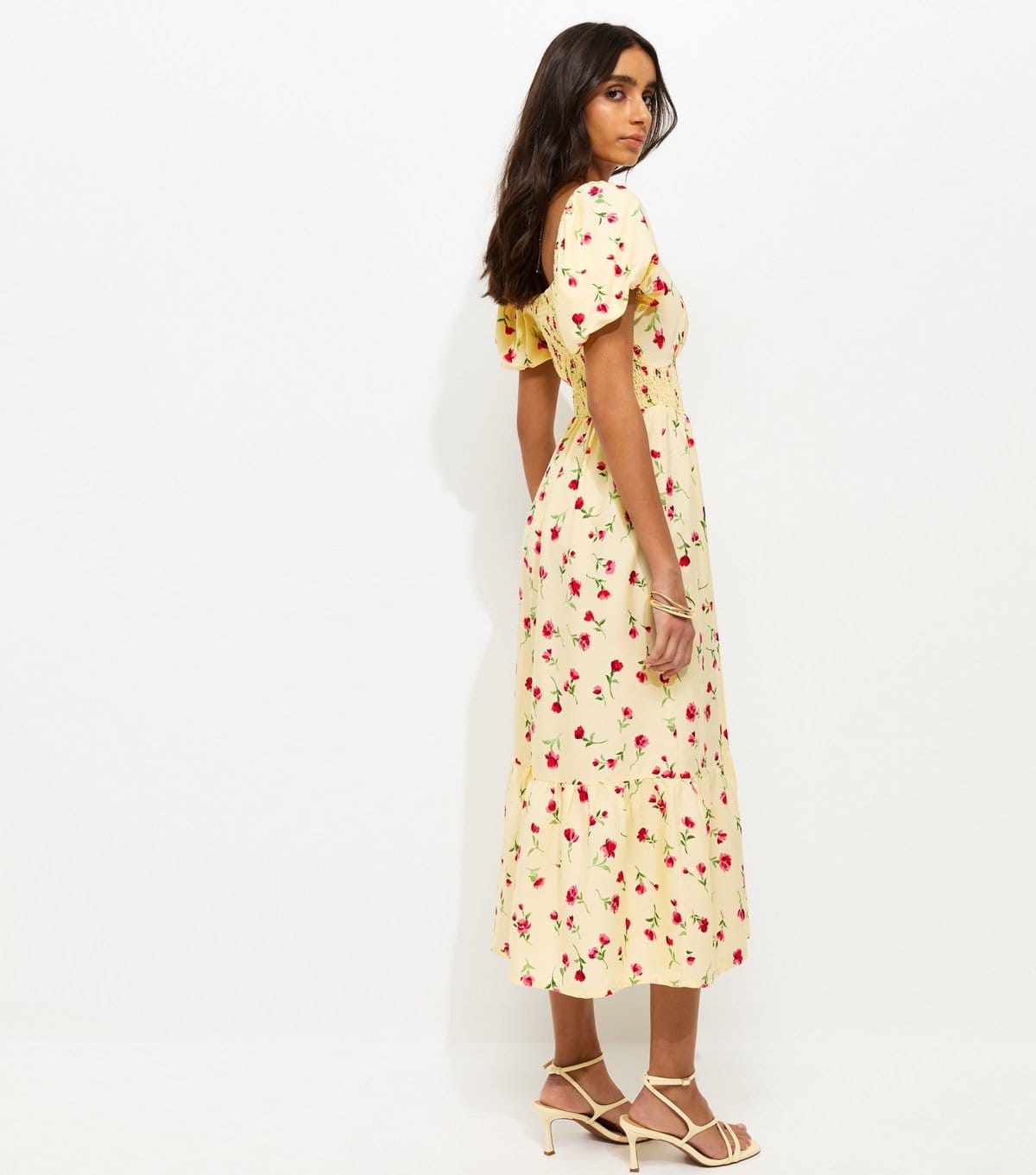 New Look Women's Light Yellow Crepe Ditsy Puff Sleeve Shirred Waist Midi Dress New Look - 4