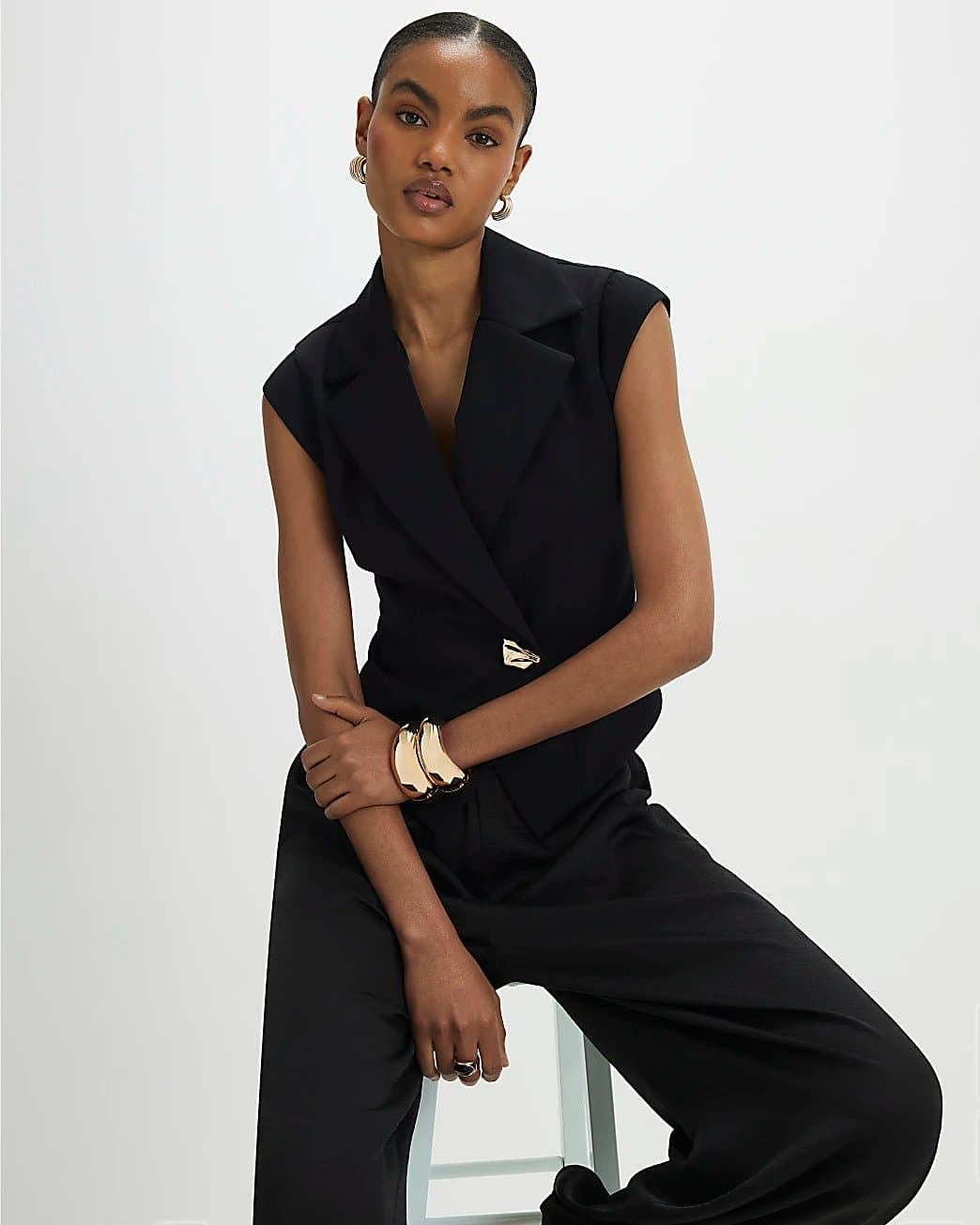 River Island River Island Womens Black Cap Sleeve Twill Waistcoat