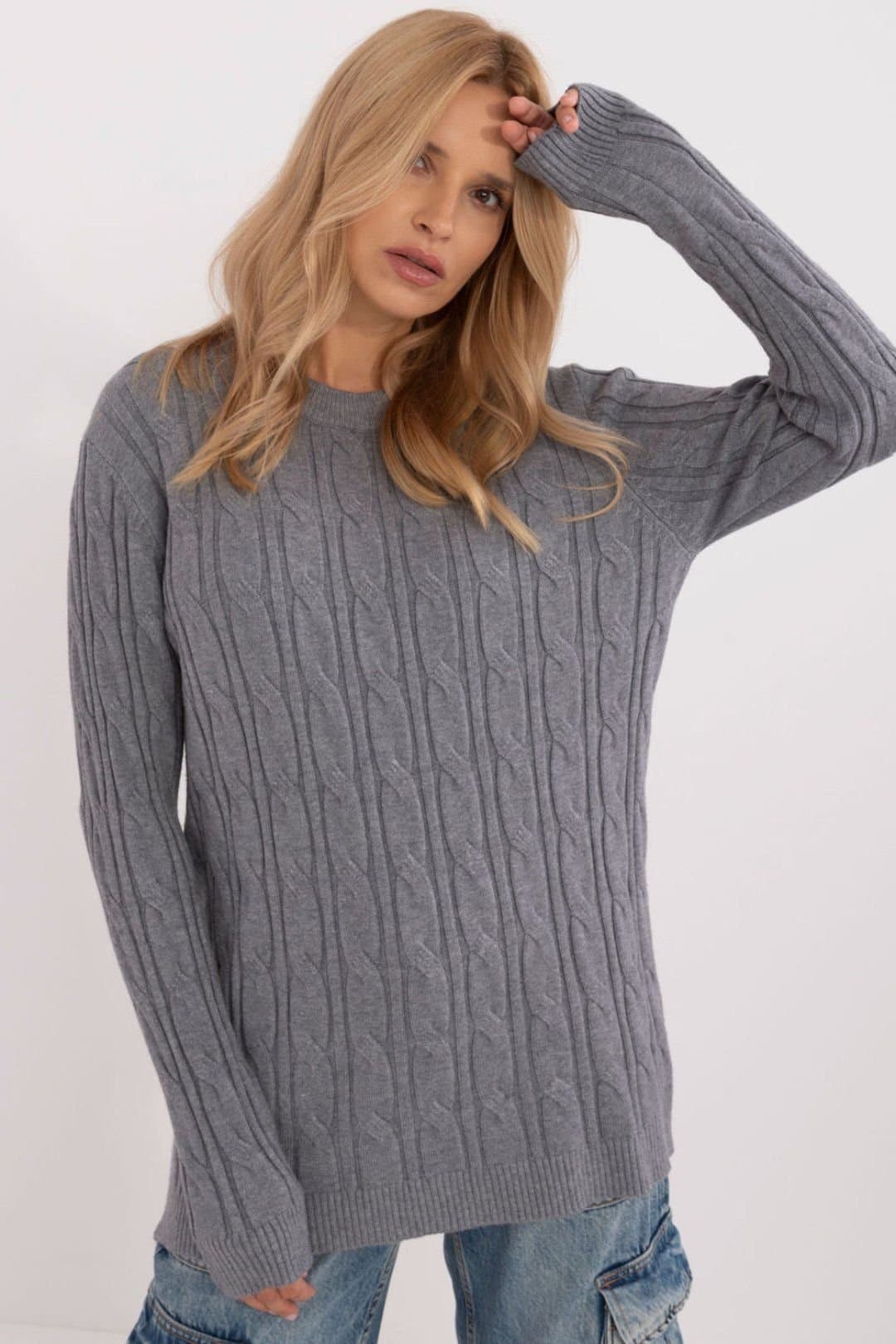 Love Lace Love Lace Women's Casual Round Neck Textured Knit Sweater Style 199528 in Grey